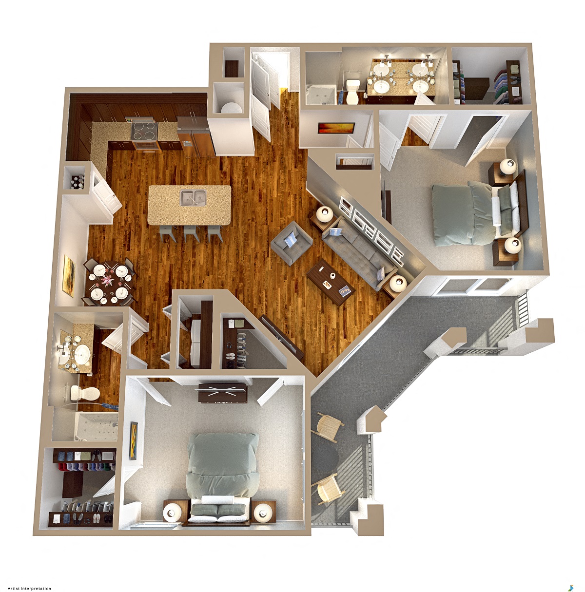 Floor plan for 2 beds, 2 baths, 1203 sqft